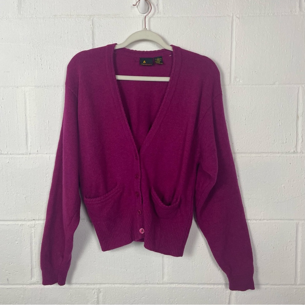 Vintage 80s Liz Sport Wool Cardigan V-Neck Fuschia Grandma Academia Dainty S